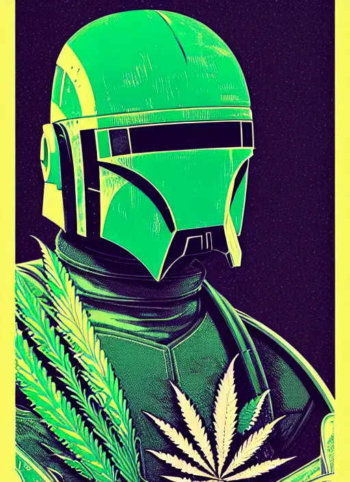 Image similar to ( ( dither ) ), cannabis editorial illustration portrait of mandalorian, modern art deco, colorful, ( ( mads berg ) ), christopher balaskas, victo ngai, rich grainy texture, detailed, dynamic composition, wide angle, moebius, matte print, linocut wood block print