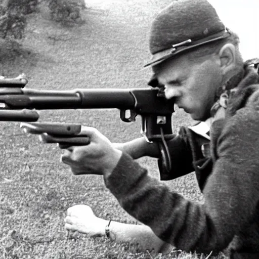 Prompt: House cat firing an MG 42