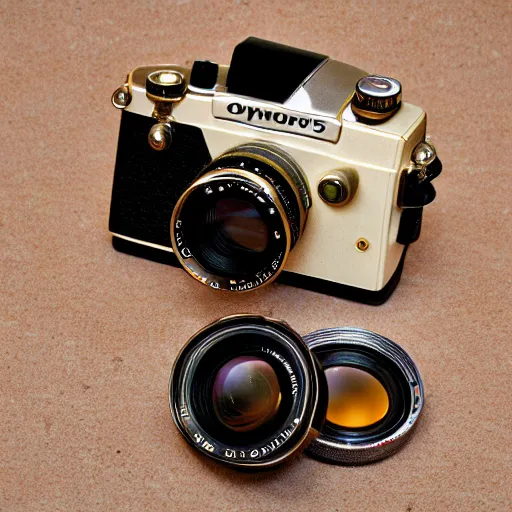 Prompt: olympus om 1 camera with 5 0 mm lens, coated in honey, detailed photographic,