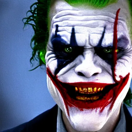 Image similar to film still of Willem Dafoe playing The Joker in The Dark Knight, 4k