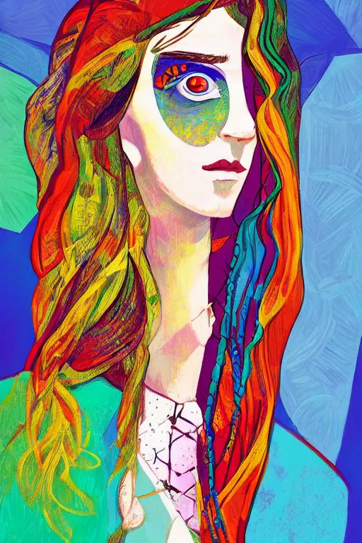 Prompt: colorful illustration of bohemian girl, artistic, eclectic, highly detailed, digital painting, concept art, smooth, sharp focus, illustration, art by picasso