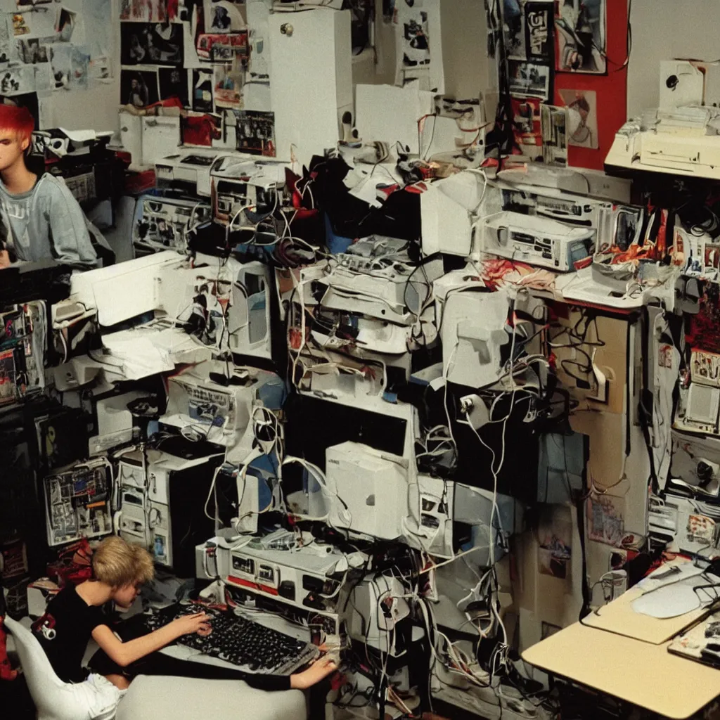 Prompt: a lonely punk blonde teenager from behind working on a amiga 2000 connected to a sony v-5000 camera and genlock in his teen room, 1989, colors, Annie Leibovitz