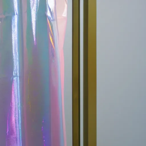 Image similar to an ultra high definition professional studio quality photograph of a transparent iridescent perspex pastel coloured raincoat on a white coat hook in an empty white room. dramatic lighting, ray tracing, refraction, shallow d. o. f, colour corrected, golden ratio, three point light. light rays.