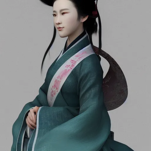 Prompt: a lovely girl in hanfu, by ruan jia, unreal engine, cg rendering, 8 k, closeup, smooth, trending on artstation, digital illustration, black hair