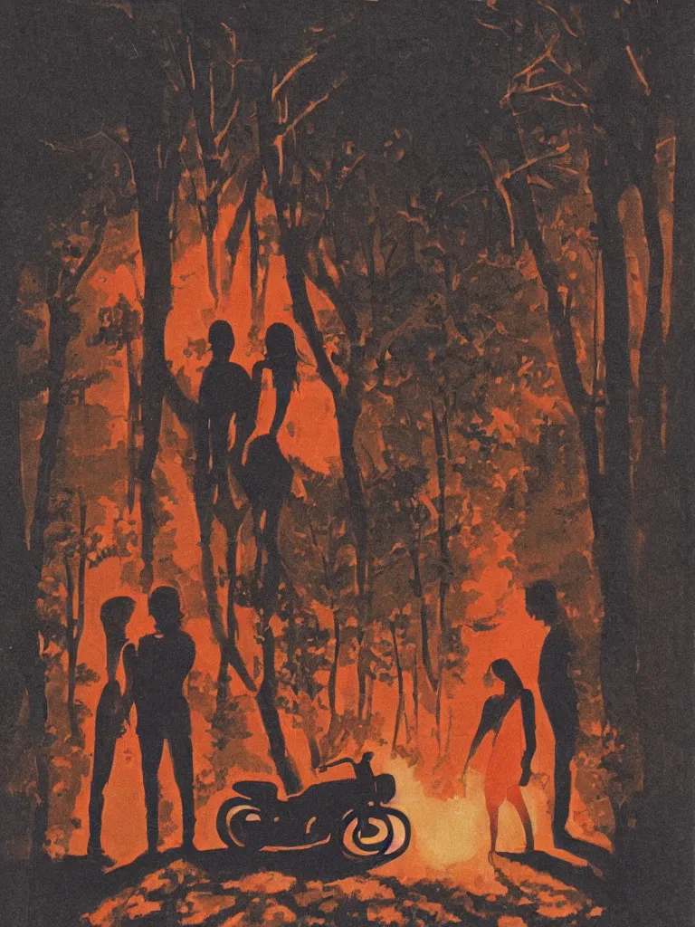 Prompt: a boy and a girl side by side, a strong beam of light between their faces, nostalgic, night, some trees and a motorcycle in the background, dramatic reddish light, atmospheric, 1 9 7 0 s magazine illustration