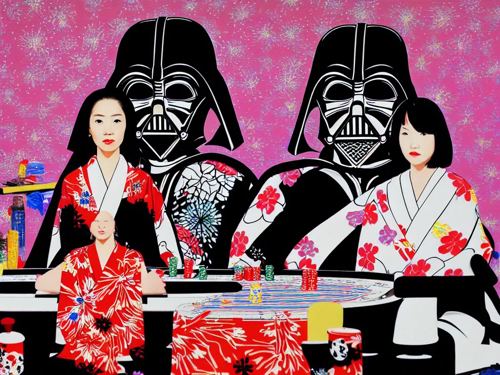 Image similar to hyperrealistim composition of the detailed single woman in a japanese kimono sitting at a extremely detailed poker table with darth vader, fireworks, river on the background, pop - art style, jacky tsai style, andy warhol style, acrylic on canvas