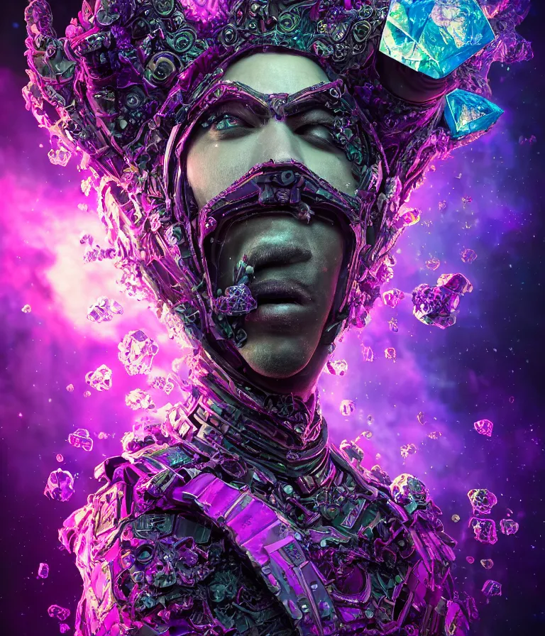 Prompt: impressive spectacular front!! shot photo of a court jester character fine portrait fine portrait mesmerizing fractal hyper cubes platinum cracked dark future hyper dimensional space galactic crystal nebula edges elegant detailed intricate concept artstation sharp focus ray tracing cinematic masterpiece temporal corruption beeple wlop germ 8 4 k scifi glossy hyper realistic illustration canon eos r 3 fujifilm x - t 3 0 sony alpha a 6 6 0 0