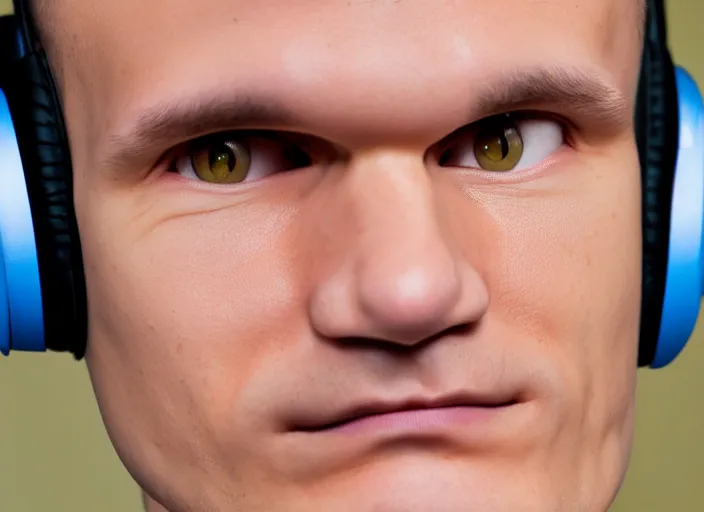 Image similar to headshot of vitalik buterin in headphones. perfect symmetric face, coherent eyes, happy beautiful face fine details., 4 k, ron cobb