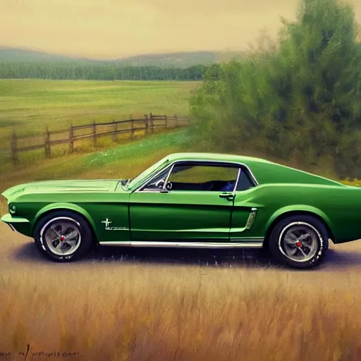 Image similar to green 1967 Ford Mustang GT, Swedish countryside, freedom, dawn, beautiful blonde woman, atmospheric, wlop, artstation, painting by Vladimir Volegov