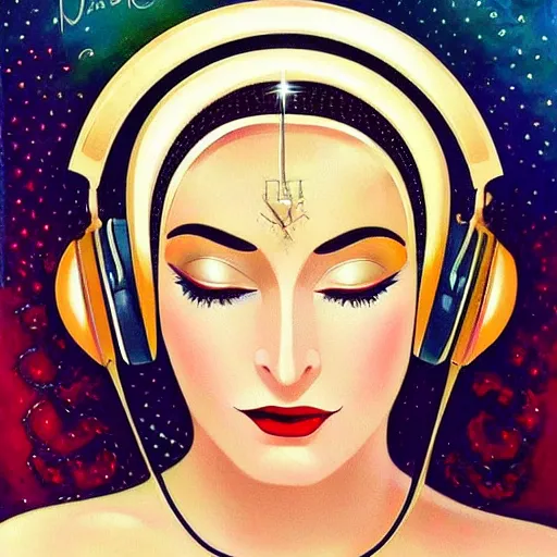 Prompt: intricate, amazing, art deco, retro vintage and romanticism, painting by niloufer wadia, soft color palette, highly detailed, godess with headphones from space sci - fi of ancient religion