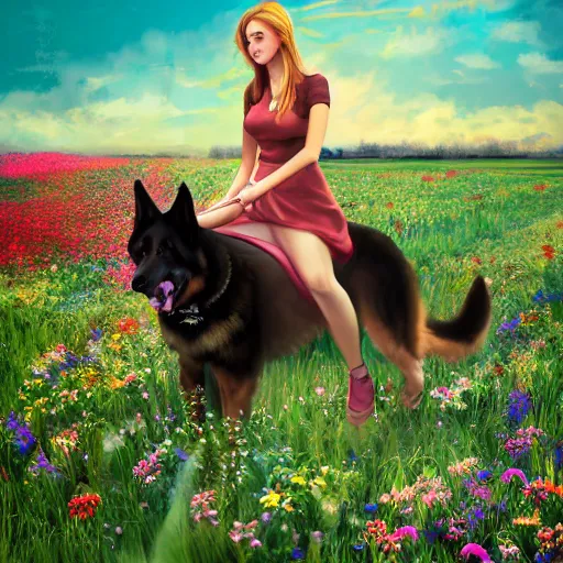 Prompt: girl riding a giant German shepherd in a field of flowers, trending on artstation