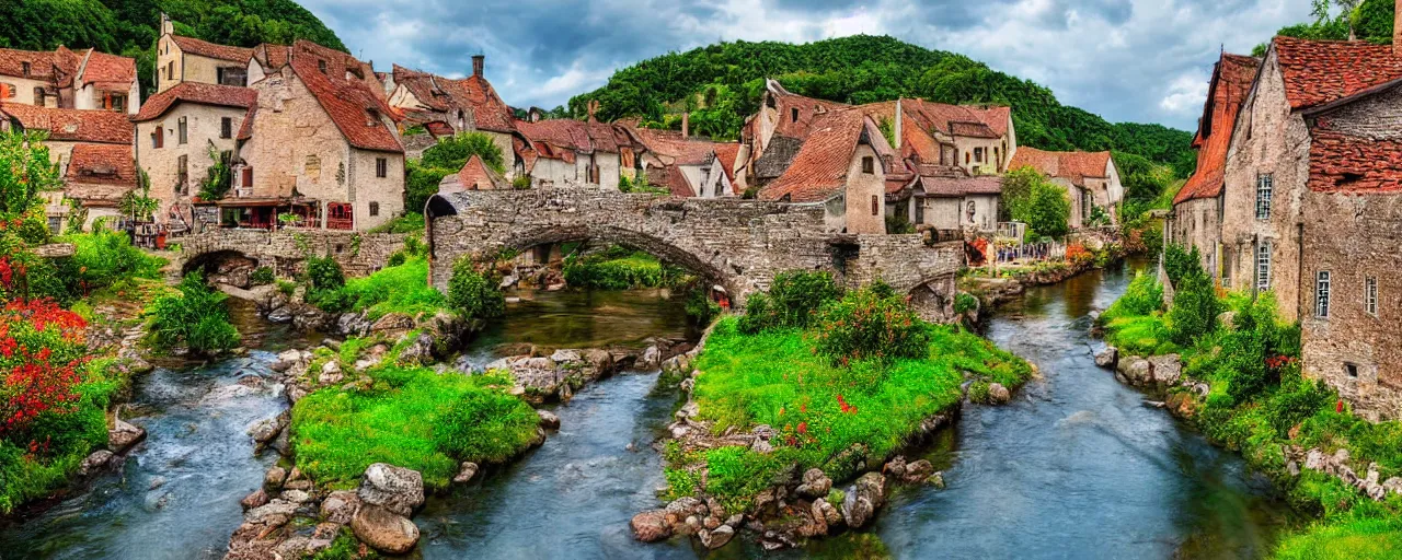 Prompt: a river running through a medieval village, summer, beautiful colors, wide-angle photograph, award winning, highly detailed