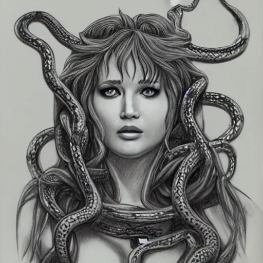 Prompt: pencil drawing of jennifer lawrence as medusa wearing snakes heads in the berserk manga, showing fangs, big snakes heads, by kentaro miura