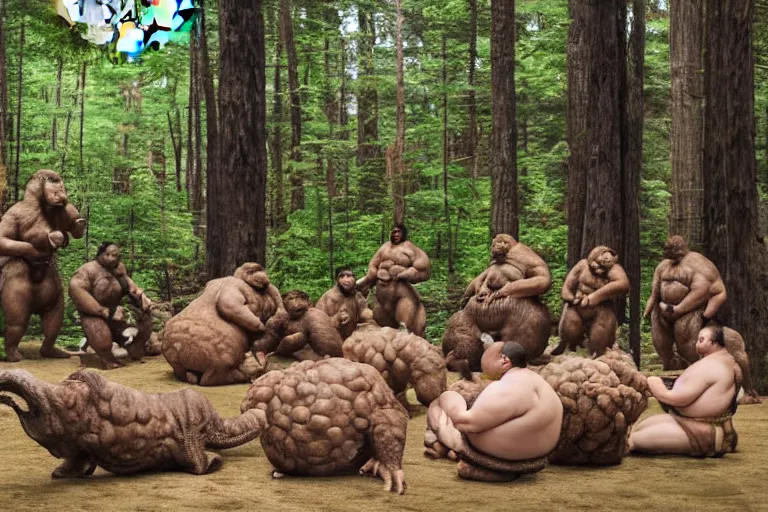 Image similar to photo, neanderthal people, sumo japanese, eating inside mcdonalds, surrounded by dinosaurs!, gigantic forest trees, sitting on rocks, bright moon