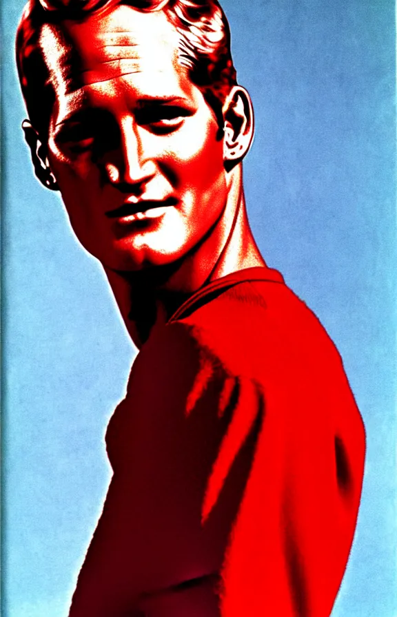 Prompt: paul newman is a handsome devil, red jumpsuit, horns, flames, iconic blue eyes, hell, vintage illustration