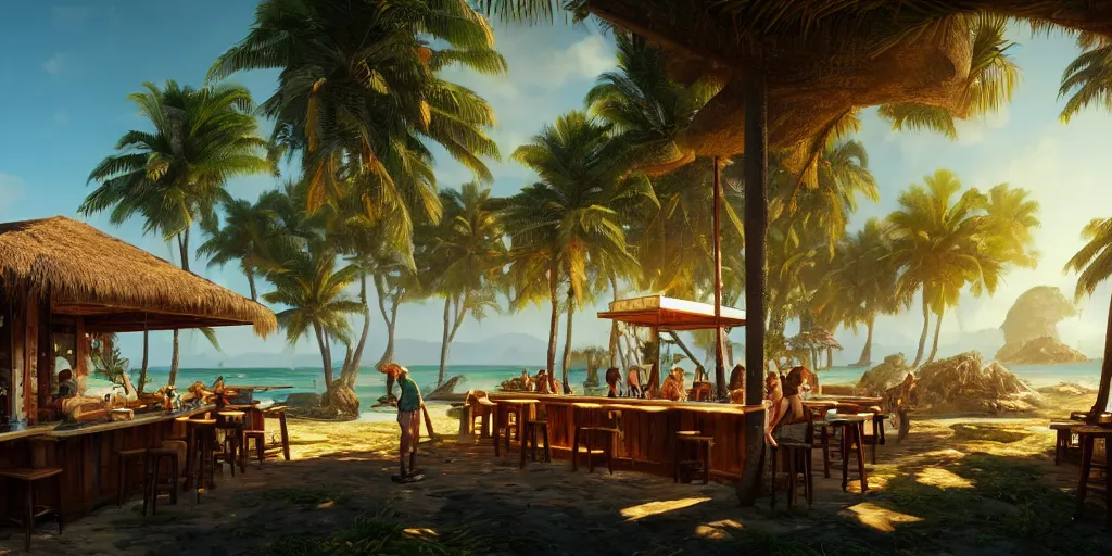 Prompt: a bar on a tropical island, pine trees, sunny, digital art, landscape, fantasy art, octane render, ureal engine, high detail, very realistic, by greg rutkowski. by james gurney