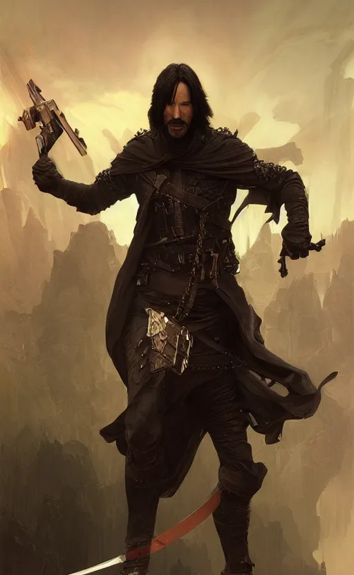 Prompt: keanu reeves as a rogue, d & d, fantasy, highly detailed, digital painting, artstation, concept art, matte, sharp focus, illustration, art by greg rutkowski and alphonse mucha