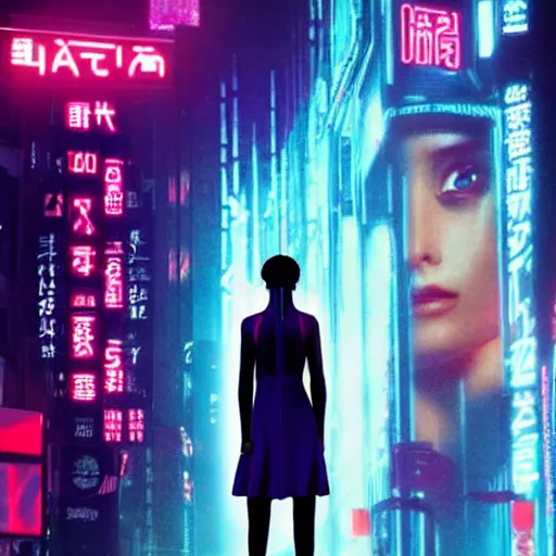 Image similar to Giant hologram of Hatsune miki in blade runner 2049, stunning, japanese anime cyberpunk style