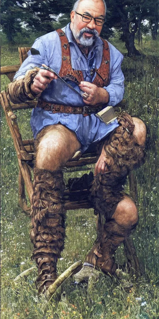 Prompt: sits Gary Gygax Gary Gygax plays dungeons and dragons in the middle of a field, game dungeons and dragons, Rye (Shishkin), painting by Ivan Shishkin, Ernest Gary Gygax face, photo by Gary Gygax, painting by Valentin Serov, oil painting, hyperrealism, beautiful, high resolution,