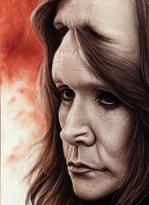 Prompt: portrait of carrie fisher, gritty, dark, wearing a leather jacket, very detailed eyes, hyperrealistic, very detailed painting by Glenn Fabry, by Joao Ruas, by Artgerm