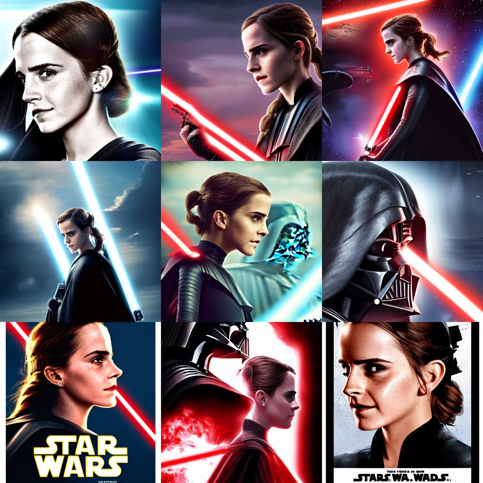 Prompt: side view of emma watson facing darth vader, star wars movie poster