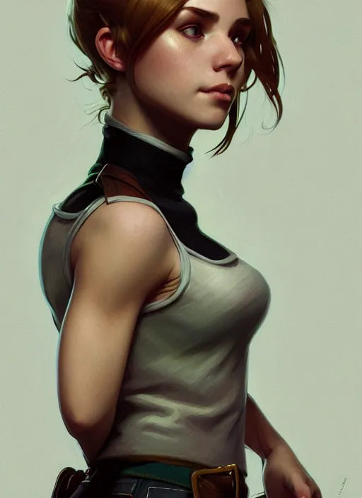 Image similar to portrait of a full body of beautiful young female detective, d & d, sleeveless turtleneck, fantasy, flat lighting, intricate, highly detailed, digital painting, artstation, concept art, smooth, sharp focus, illustration, art by simon bisley and greg rutkowski and alphonse mucha, natural tpose