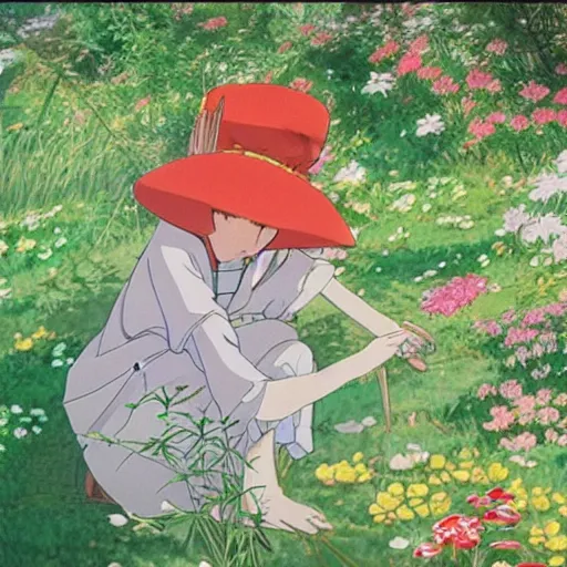 Prompt: A Chinese girl is picking flowers，by Hayao Miyazaki