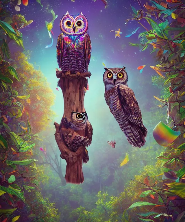 Image similar to a single realistic owl, flying in a psychedelic forest, wide angle landscape shot, pixar style by tristan eaton, artgerm and tom bagshaw