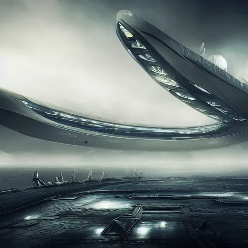 Prompt: a realistic detailed photo of a futuristic ship, alien plants, grey sky, futuristic buildings, flying ships in the background, foggy landscape, light particles, detailed light, realistic shaders, trending on artisation, detailed textures, detailed, realistic.