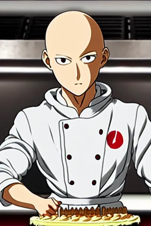 Image similar to chef saitama one punch man, dressed as a pastry chef, making a cake, anime artwork