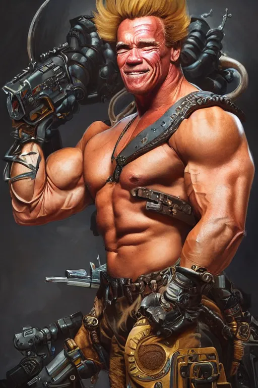 Image similar to portrait of arnold schwarzenegger as junkrat from overwatch, full body, fantasy, intricate, elegant, highly detailed, digital painting, artstation, concept art, sharp focus, illustration, art by artgerm and greg rutkowski and alphonse mucha