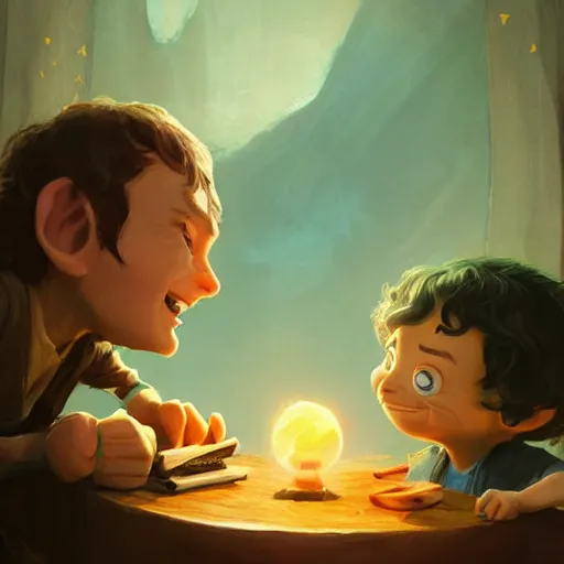Prompt: a wholesome animation key shot of cute frodo, gollum and sam from lord of the rings, colorful, pixar and disney animation, sharp, very detailed, high resolution, key art by greg rutkowski, bloom, dramatic lighting