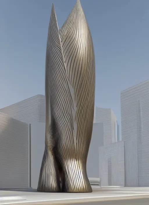 Prompt: highly detailed realistic architecture 3 d render of a metallic wooden stele monument in zaha hadid style standing on a side of a road, archdaily, made in unreal engine 4 octane render