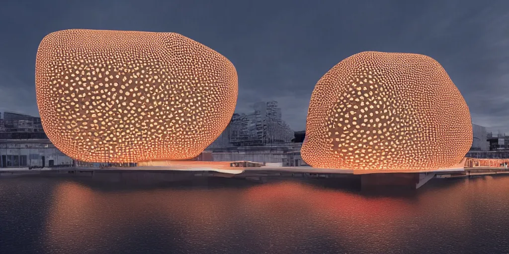 Prompt: An epic architectural rendering of a blob shaped trypophobia house with a mysterious red glow emitting from inside in a modern cityscape next to a river, hamburg elbphilharmonie, stunning, gorgeous, golden ratio, photorealistic, featured on artstation, 4k resolution
