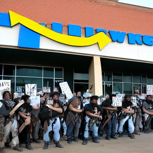 Image similar to orcs standing outside of a Walmart, protesting the working conditions, High detail, 2005