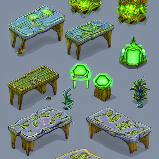 Prompt: concept art 2 d game asset of furniture with an organic isometric design based on bioluminescent alien - like plants inspired by the avatar's bioluminescent alien nature. around the furniture, we can see plants that glow in the dark. all in isometric perspective and semi - realistic style item is in a black background colorful neons masterpiece