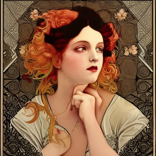 Image similar to of a beautiful stylized photoreal portrait of the singer LP, inspired by mucha, soft lighting, epic,