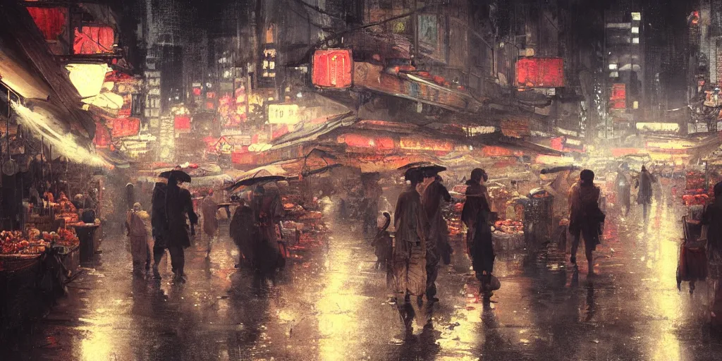 Image similar to an asian wet market at night, by greg rutkowski