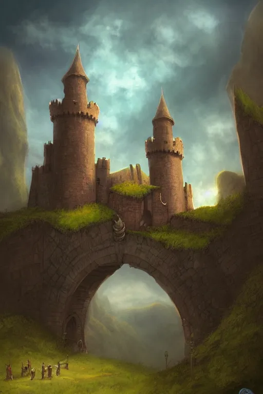 Image similar to hills bridge moat castle concept art gothic fantasy sky, andreas rocha style