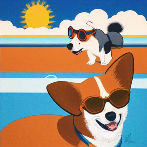 Prompt: Cool corgi with sun glasses, Hiroshi Nagai