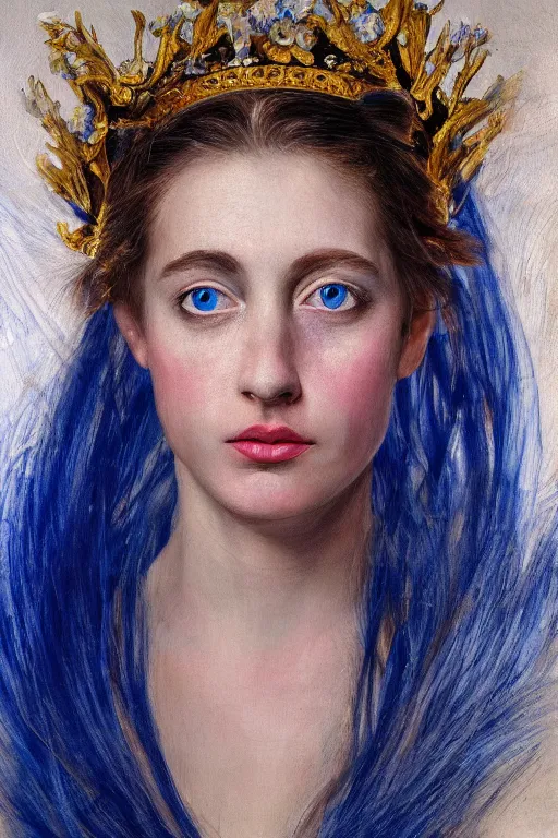 Prompt: hyperrealism extreme close-up portrait of queen in blue paint, flowers in hair, pale skin, dark blue eyes, in style of classicism