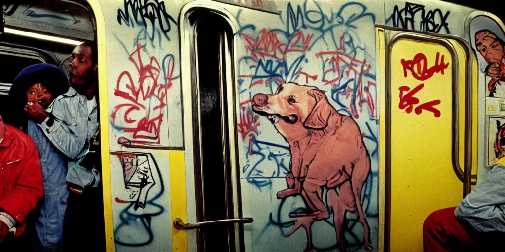 Prompt: new york subway cabin 1 9 8 0 s inside all in graffiti, policeman with the dog closeup, black guy in a red beret, coloured film photography, christopher morris photography, bruce davidson photography