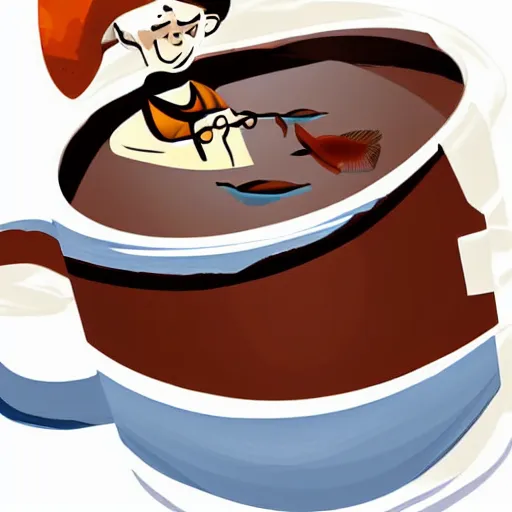 Prompt: a fisherman relaxing in a giant hot chocolate mug,digital art