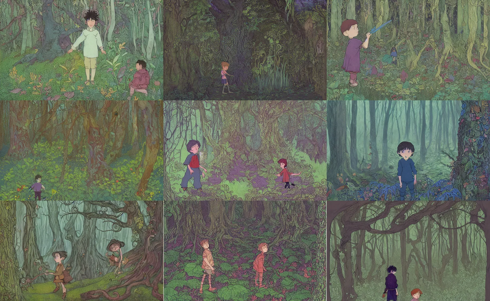 Prompt: children kids book illustration of boy in fantasy forest, by beatrice blue, by julia sarda, by loish, by szymon biernacki. dark guache, dark pastels. pencils. dark. complex pattern figurative ornamental. analog. leafy mossy patterns. disney. tim burton alice. ghibli. moebius. mucha. textured patterns, orthoview