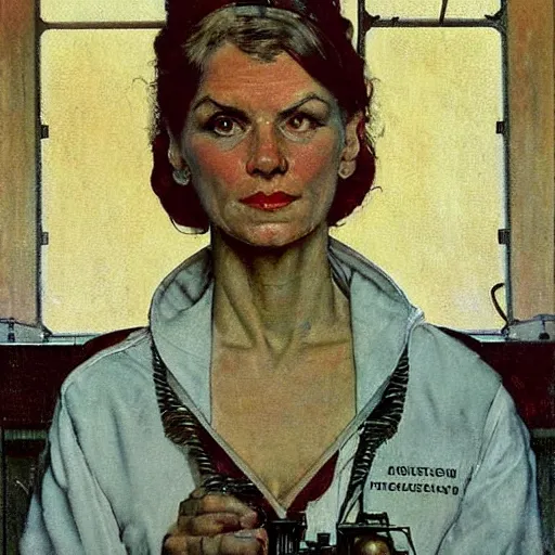 Image similar to Frontal portrait of a science fiction priestess. A painting by Norman Rockwell.