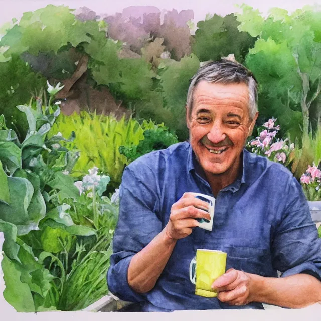 Image similar to john johnson drinking rooibos tea in the garden. watercolor by the award - winning concept artist