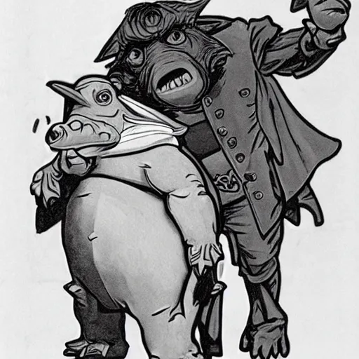 Image similar to baby gamorrean guard being looked after by tom baker dr who, alphonse mucha