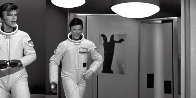 Prompt: photorealistic wide shot black and white twilight zone style cinematography of a 1 9 8 1 version of healthy david bowie in a cheesy 5 0's space suit acting as a man from outter space in a twilight zone episode that takes place in the sheats goldstein house shot on film by the shining cinematographer john alcott on a cooke panchro 1 8 mm lens.