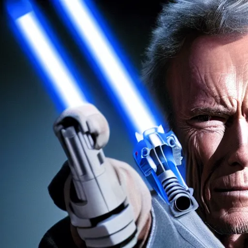 Image similar to clint eastwood holding blue lightsaber in star wars episode 3, 8k resolution, full HD, cinematic lighting, award winning, anatomically correct