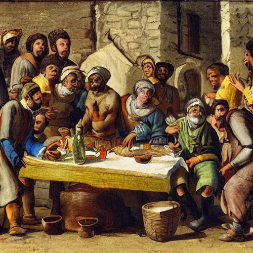 Image similar to villagers gather round as a man with an injured leg is treated on the table of a tavern